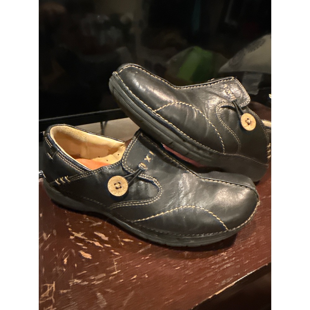 Clarks Unstructured Black Leather Slip On Loafers Contrast Stitch Women 7.5 M - Picture 5 of 7